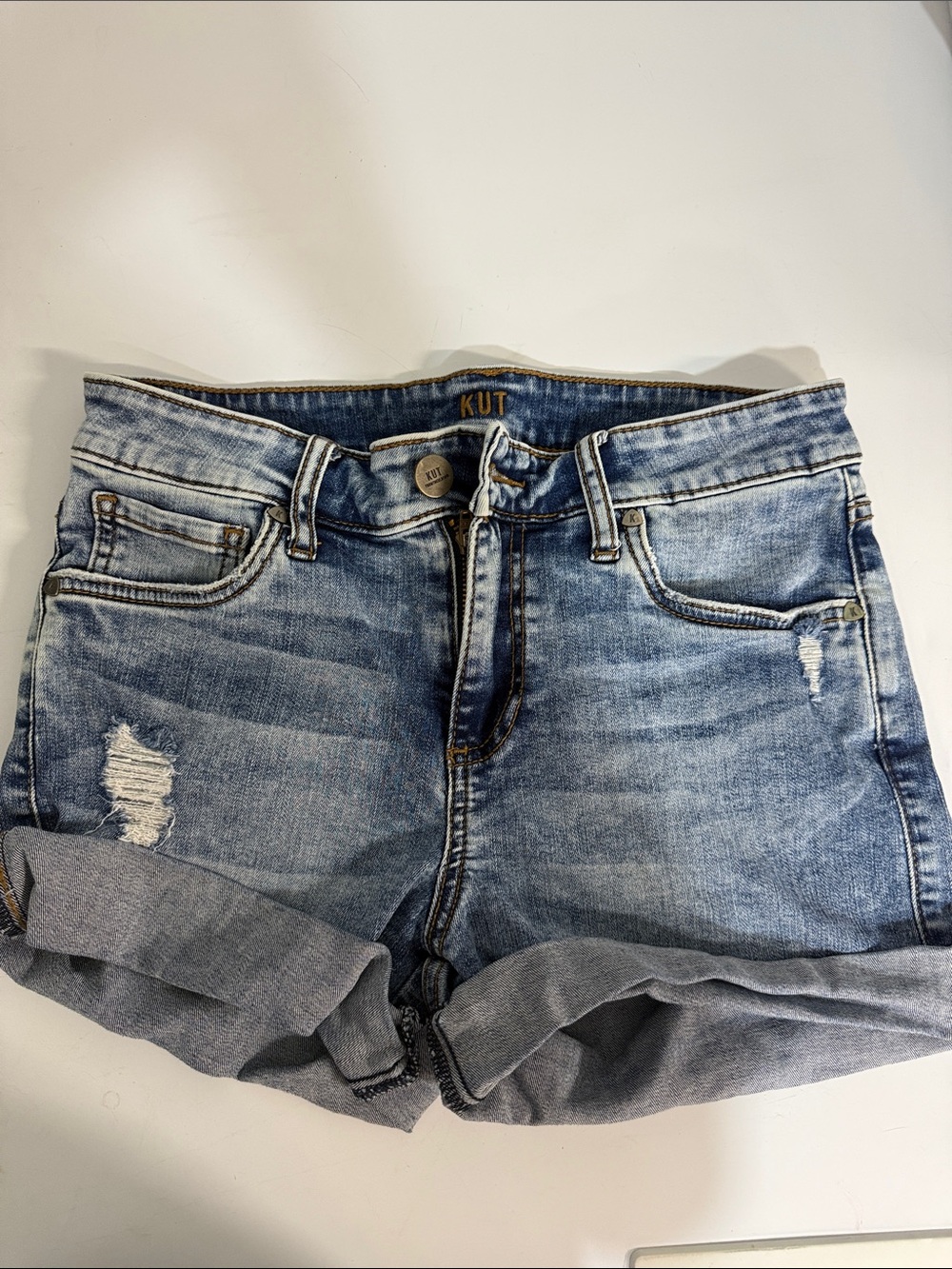 Kut from the Kloth Light Blue Distressed Rolled Hem Denim Shorts